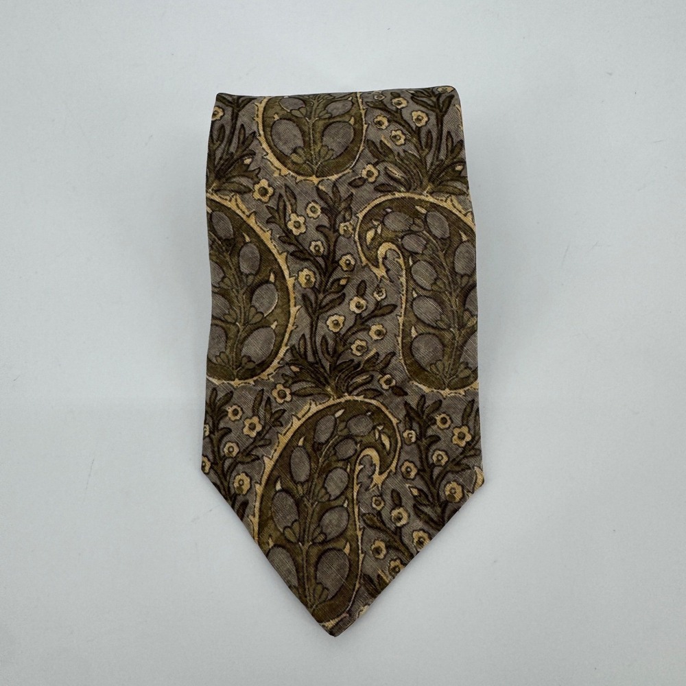 Hugo Boss Silk Linen Tie Brown Green Paisley Floral Made in Italy Necktie